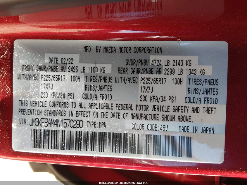 2022 Mazda Cx-5 2.5 S VIN: JM3KFBAM4N1570290 Lot: 45270852