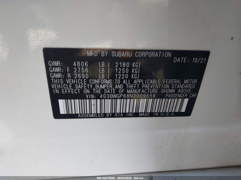 2022 Subaru Legacy Touring Xt VIN: 4S3BWGP68N3009559 Lot: 45270858