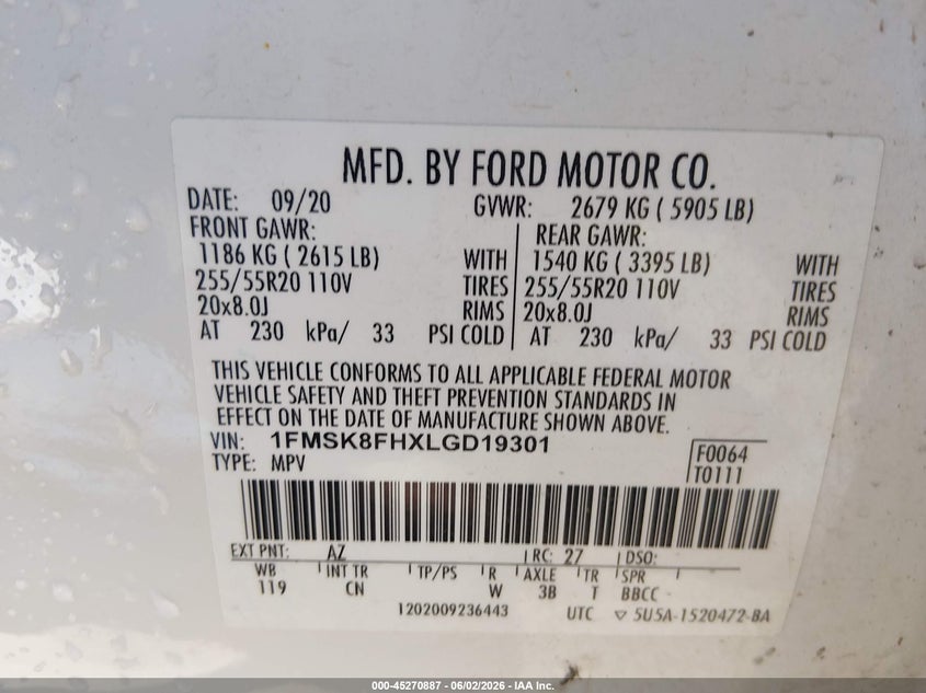VIN: 1FMSK8FHXLGD19301 2020 FORD EXPLORER LIMITED