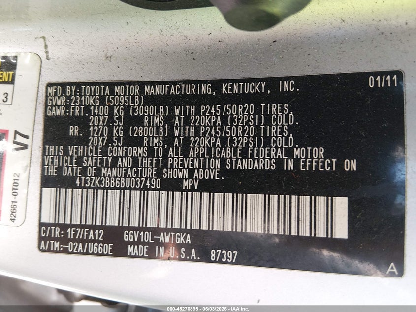 2011 Toyota Venza Base V6 VIN: 4T3ZK3BB6BU037490 Lot: 45270895