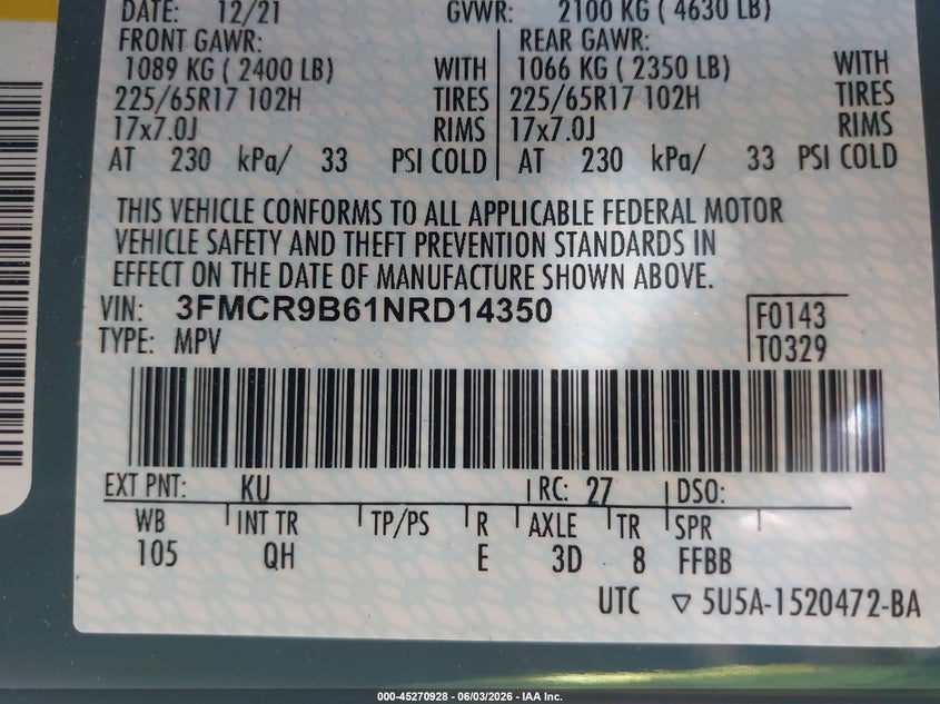 2022 Ford Bronco Sport Big Bend VIN: 3FMCR9B61NRD14350 Lot: 45270928