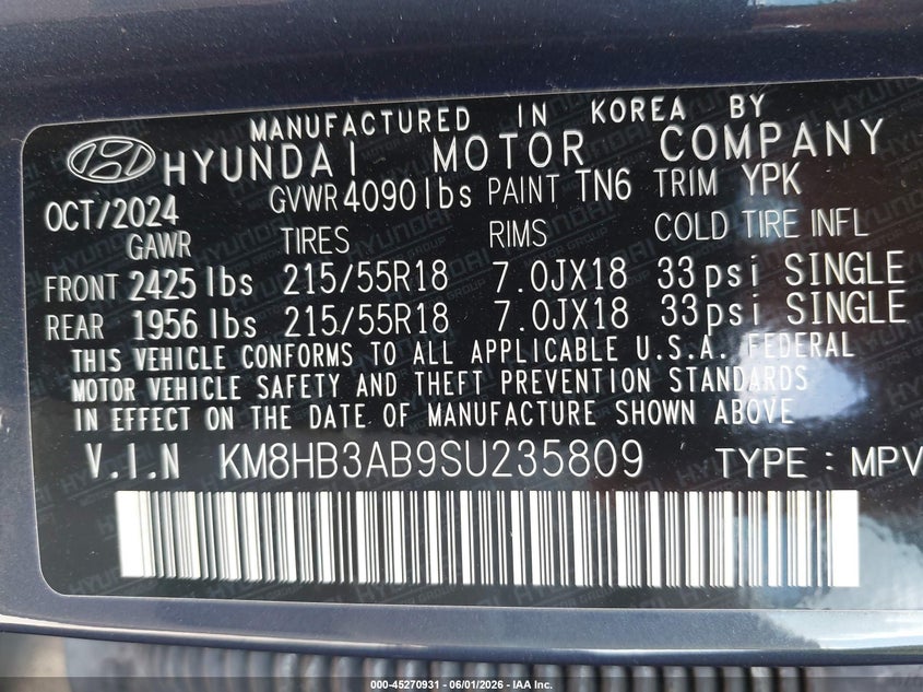 2025 Hyundai Kona Sel VIN: KM8HB3AB9SU235809 Lot: 45270931