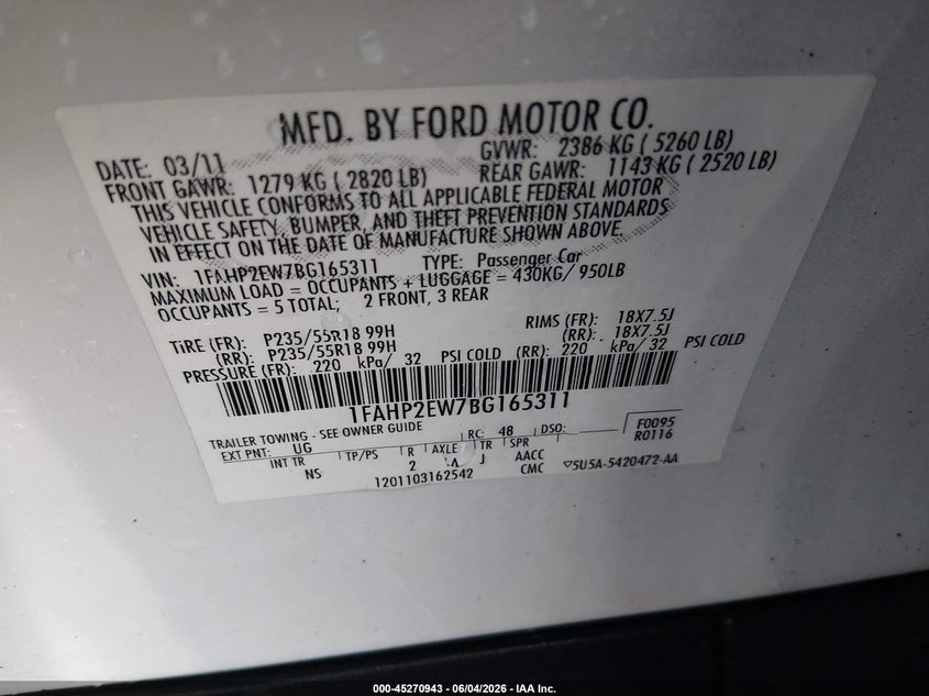 2011 Ford Taurus Sel VIN: 1FAHP2EW7BG165311 Lot: 45270943