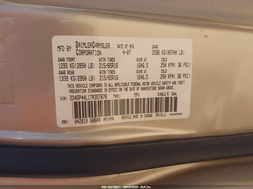 2007 Dodge Grand Caravan Sxt VIN: 2D4GP44L17R357678 Lot: 45270977