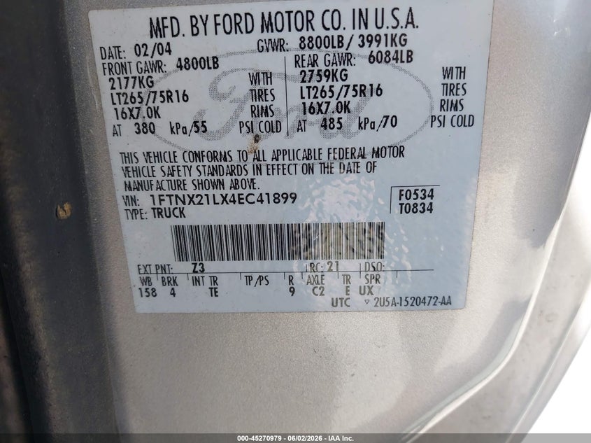2004 Ford F-250 Lariat/Xl/Xlt VIN: 1FTNX21LX4EC41899 Lot: 45270979