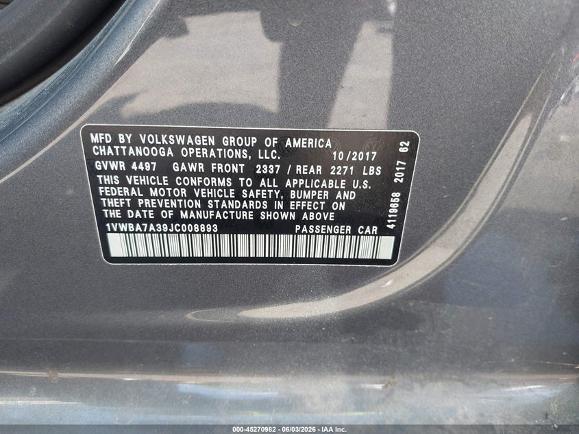 2018 Volkswagen Passat 2.0T Se VIN: 1VWBA7A39JC008893 Lot: 45270982