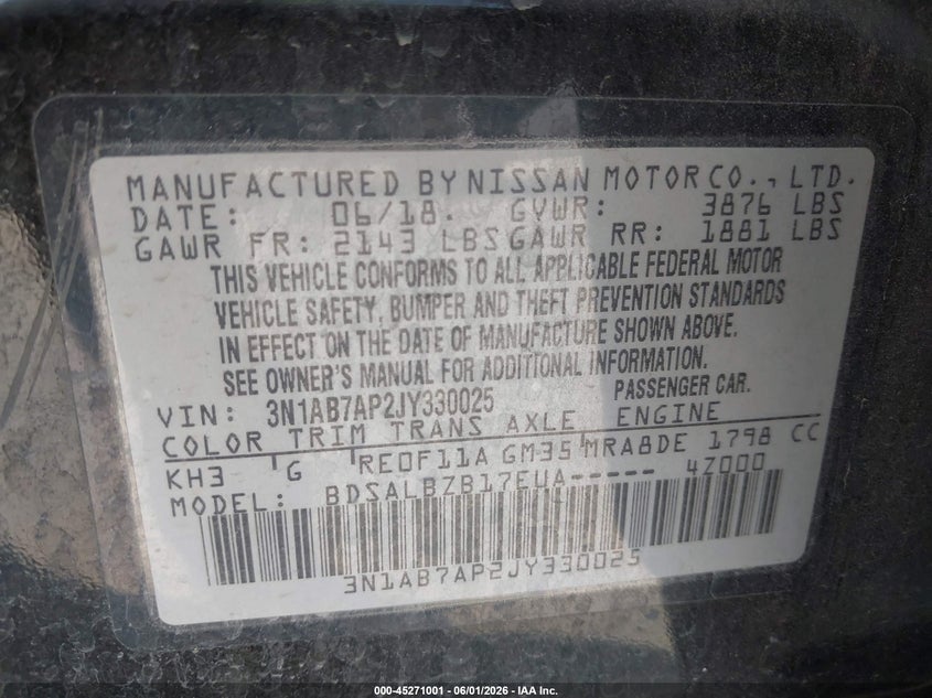 VIN 3N1AB7AP2JY330025 2018 NISSAN SENTRA S
