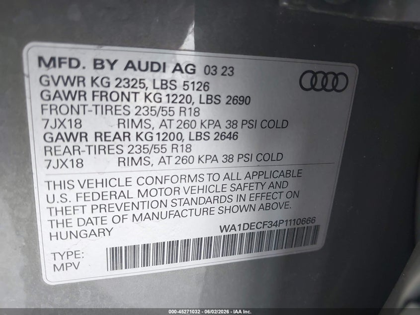 2023 Audi Q3 Premium 45 Tfsi S Line Quattro Tiptronic VIN: WA1DECF34P1110666 Lot: 45271032