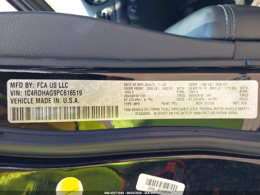 2023 Dodge Durango Sxt Rwd VIN: 1C4RDHAG9PC616519 Lot: 45271049