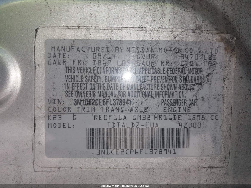 2015 Nissan Versa Note S (Sr)/S Plus/Sl/Sr/Sv VIN: 3N1CE2CP6FL378941 Lot: 45271101