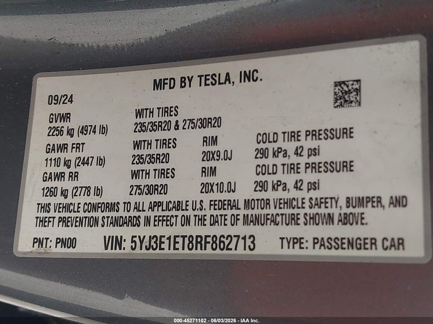 2024 Tesla Model 3 Performance All-Wheel Drive VIN: 5YJ3E1ET8RF862713 Lot: 45271102