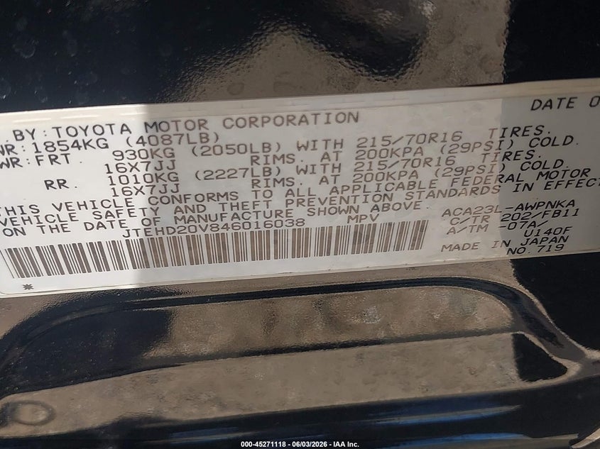 2004 Toyota Rav4 VIN: JTEHD20V846016038 Lot: 45271118