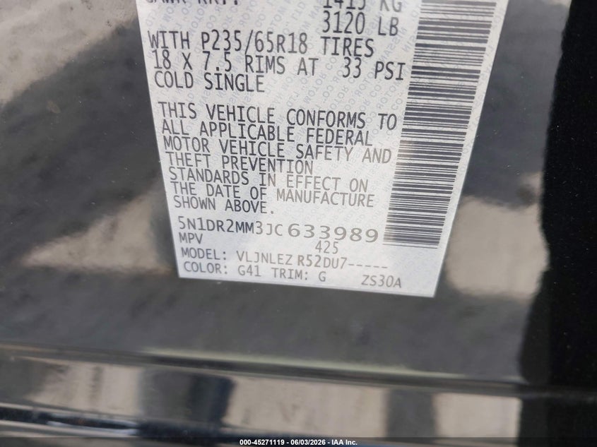 2018 Nissan Pathfinder Sv VIN: 5N1DR2MM3JC633989 Lot: 45271119