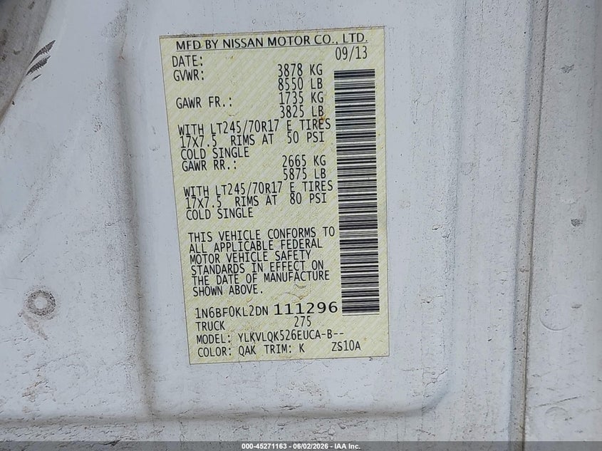 2013 Nissan Nv Cargo Nv1500 S V6 VIN: 1N6BF0KL2DN111296 Lot: 45271163