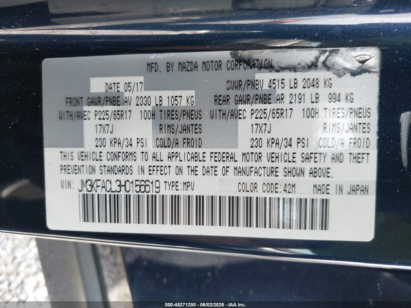 2017 Mazda Cx-5 Touring VIN: JM3KFACL3H0156619 Lot: 45271200
