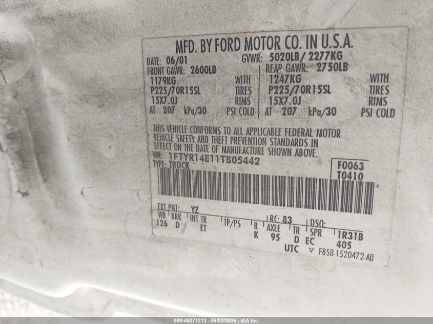 2001 Ford Ranger Edge/Xlt VIN: 1FTYR14E11TB05442 Lot: 45271213