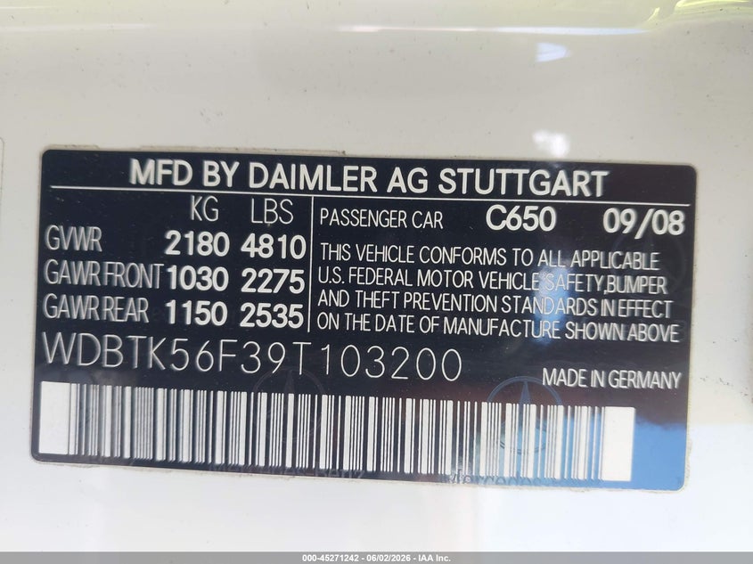2009 Mercedes-Benz Clk 350 VIN: WDBTK56F39T103200 Lot: 45271242