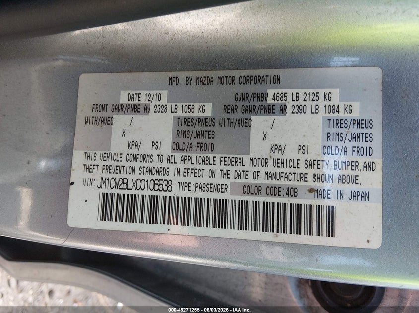 2012 Mazda Mazda5 Sport VIN: JM1CW2BLXC0106538 Lot: 45271255