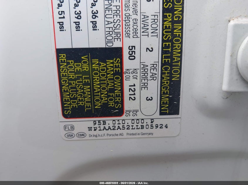 2020 Porsche Macan VIN: WP1AA2A52LLB05924 Lot: 45271331