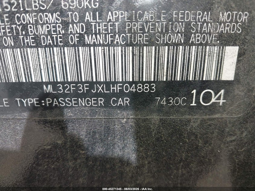 2020 Mitsubishi Mirage G4 Es VIN: ML32F3FJXLHF04883 Lot: 45271345
