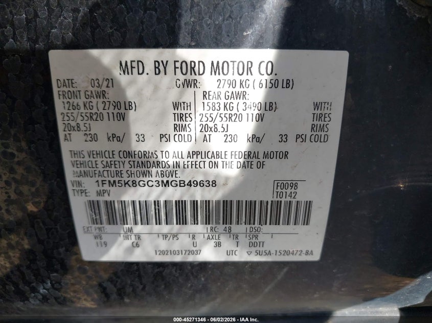 2021 Ford Explorer St VIN: 1FM5K8GC3MGB49638 Lot: 45271346