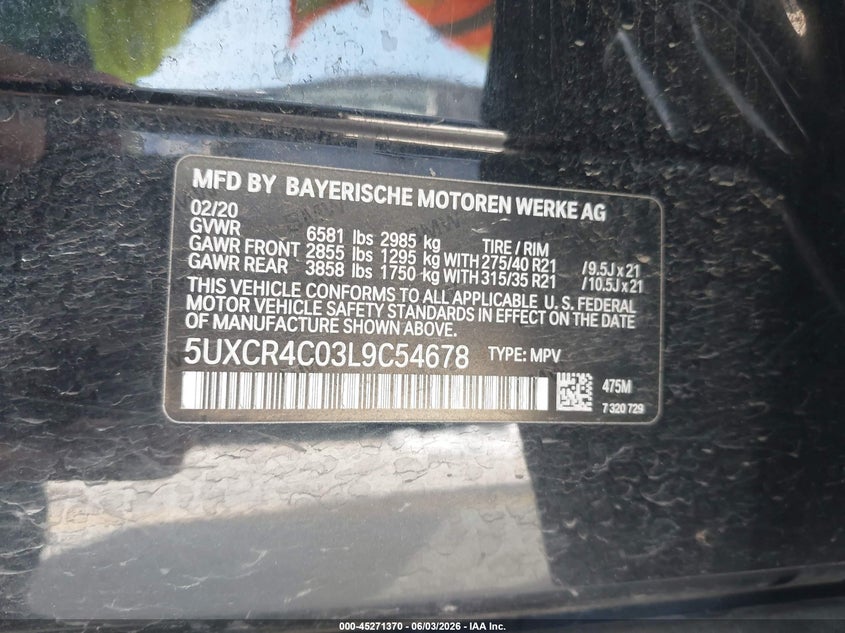 2020 BMW X5 Sdrive40I VIN: 5UXCR4C03L9C54678 Lot: 45271370