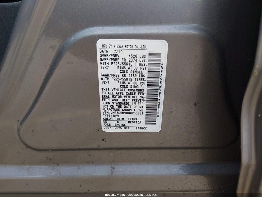 2011 Nissan Rogue Sv VIN: JN8AS5MV8BW253881 Lot: 45271386