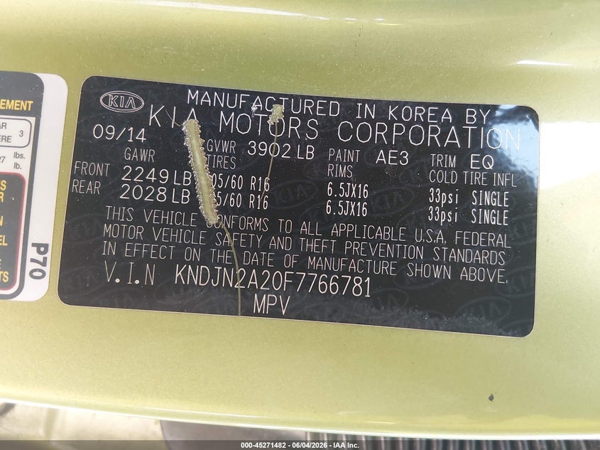 2015 Kia Soul VIN: KNDJN2A20F7766781 Lot: 45271482