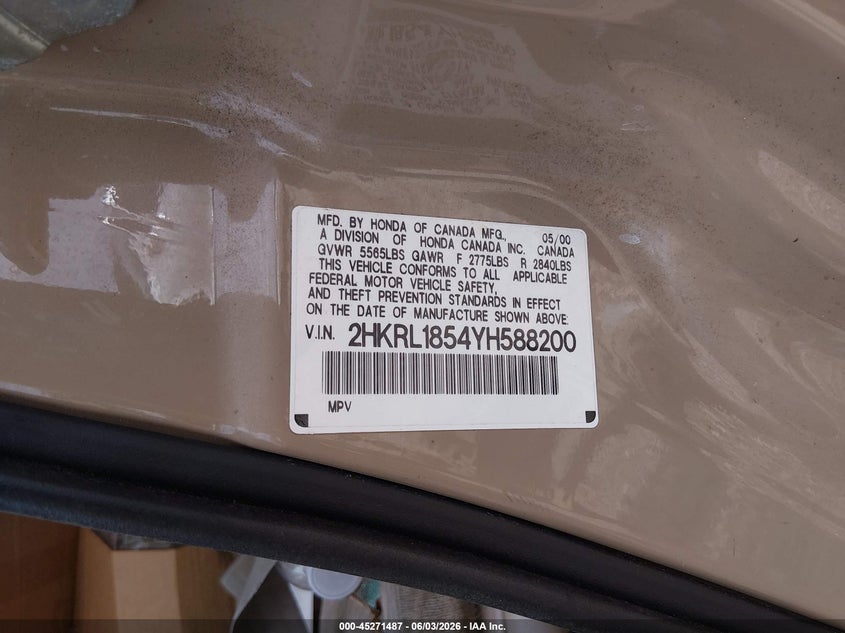 2000 Honda Odyssey Lx VIN: 2HKRL1854YH588200 Lot: 45271487