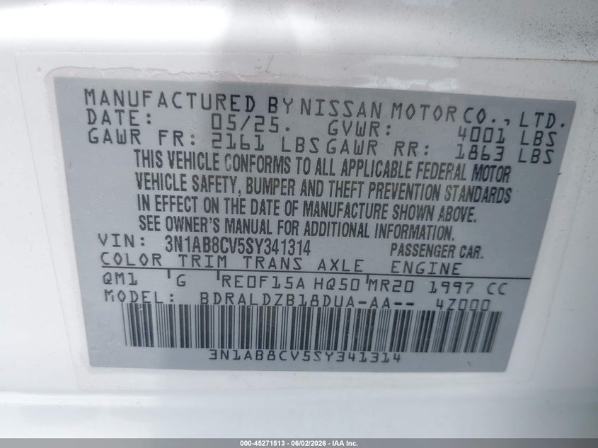 2025 NISSAN SENTRA 2.0L I-4 DI, DOHC, V(VIN: 3N1AB8CV5SY341314