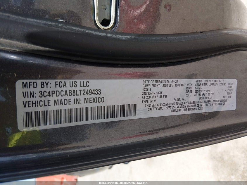 2020 Dodge Journey Se Value VIN: 3C4PDCAB8LT249433 Lot: 45271516