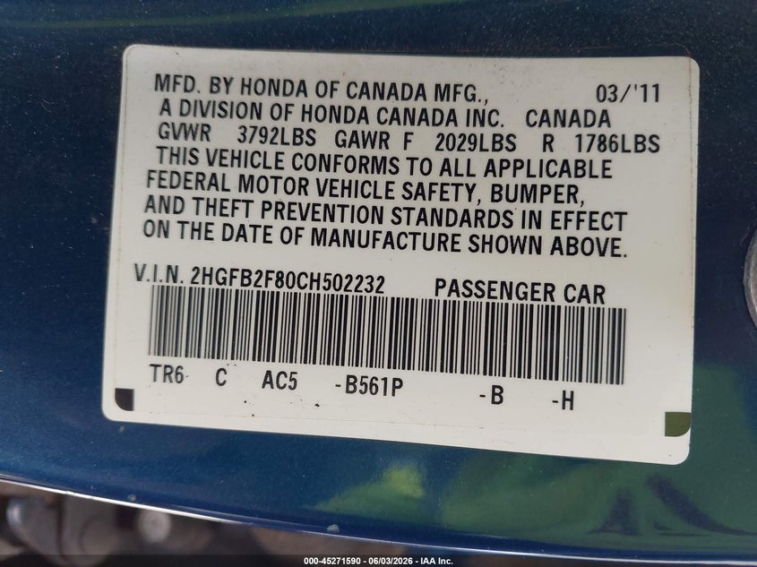 2012 Honda Civic 1.8 Ex blue Lot 111045271590 Vin 2HGFB2F80CH502232