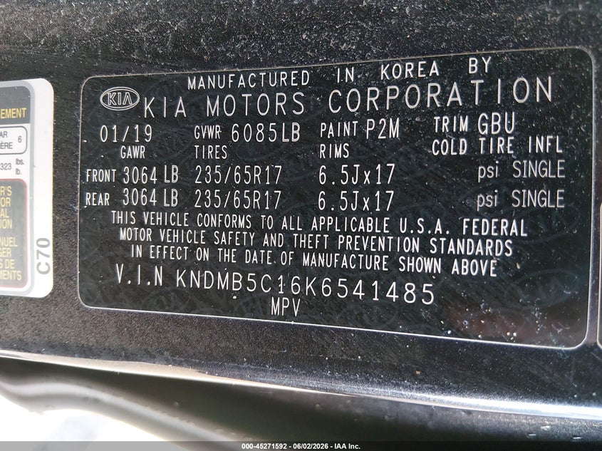 2019 Kia Sedona Lx VIN: KNDMB5C16K6541485 Lot: 45271592