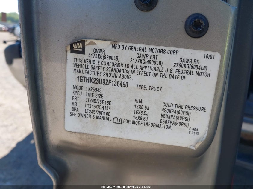 2002 GMC Sierra 2500Hd Sle VIN: 1GTHK23U92F136490 Lot: 45271634