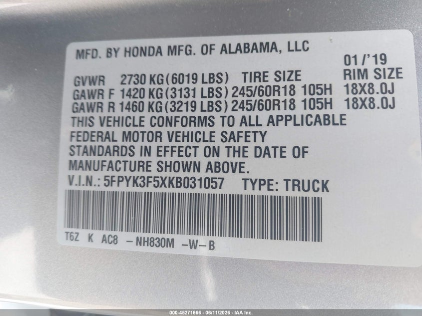 2019 Honda Ridgeline Rtl VIN: 5FPYK3F5XKB031057 Lot: 45271666