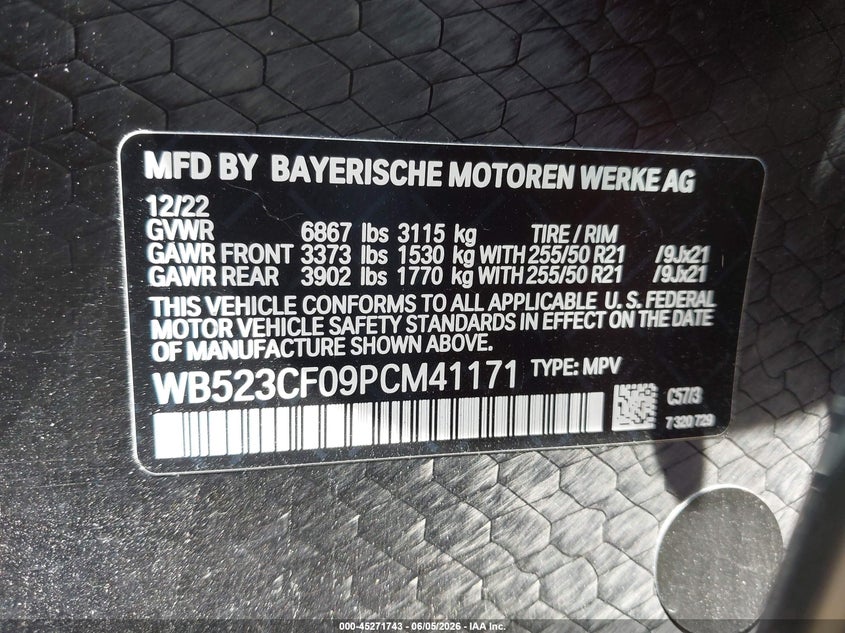 2023 BMW IX ELECTRIC(VIN: WB523CF09PCM41171