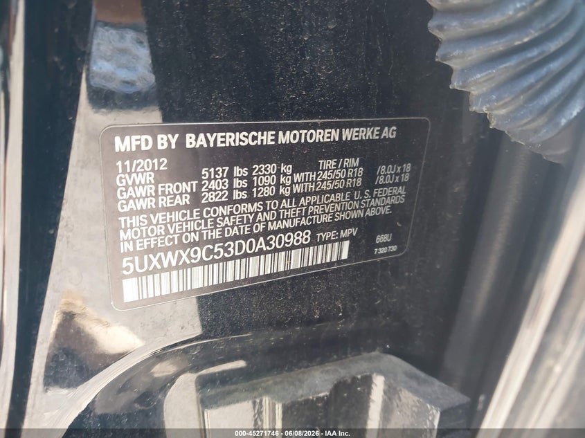 2013 BMW X3 SPORT UTILITY VEHICLE 2.0L I-4 DI, DOHC, VVT, TURBO, 240HP