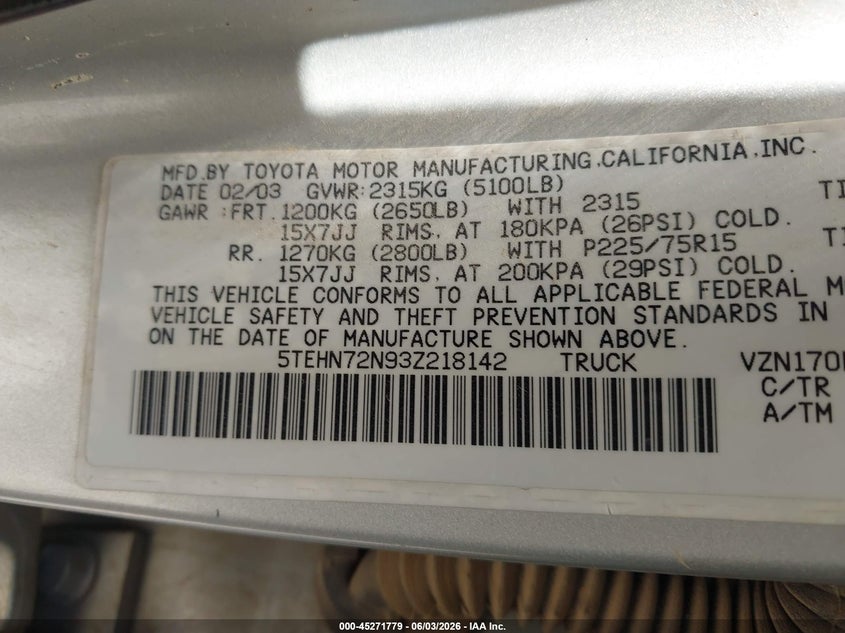 2003 Toyota Tacoma Base V6 VIN: 5TEHN72N93Z218142 Lot: 45271779