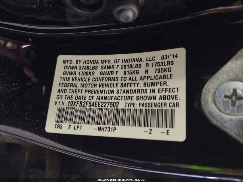 2014 Honda Civic Lx VIN: 19XFB2F54EE227502 Lot: 45271813
