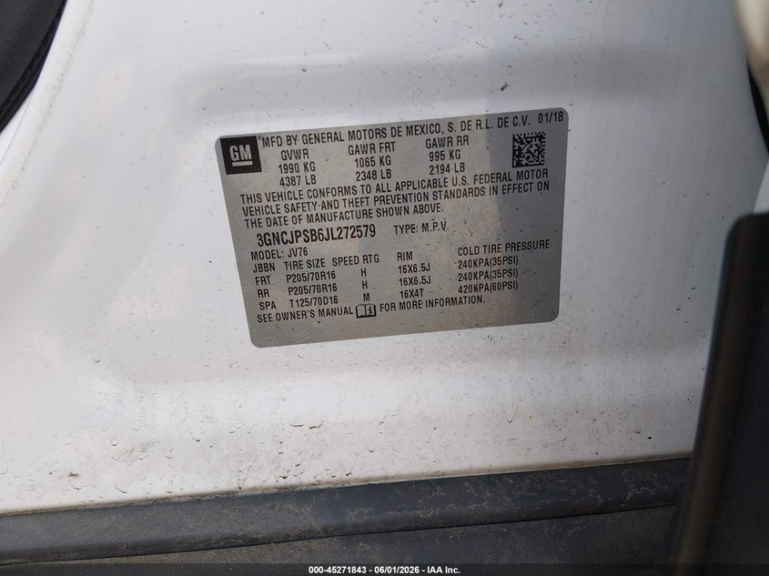 2018 Chevrolet Trax Lt VIN: 3GNCJPSB6JL272579 Lot: 45271843