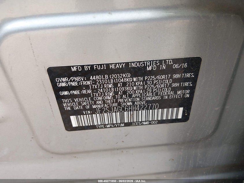 2017 Subaru Forester 2.5I Premium VIN: JF2SJAGC6HH422770 Lot: 45271850