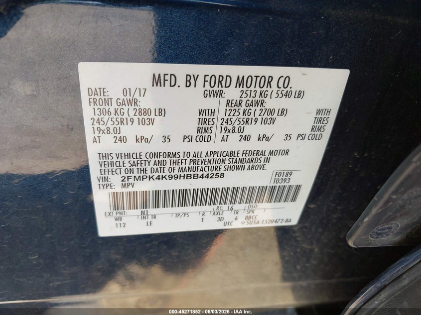 2017 Ford Edge Titanium VIN: 2FMPK4K99HBB44258 Lot: 45271852