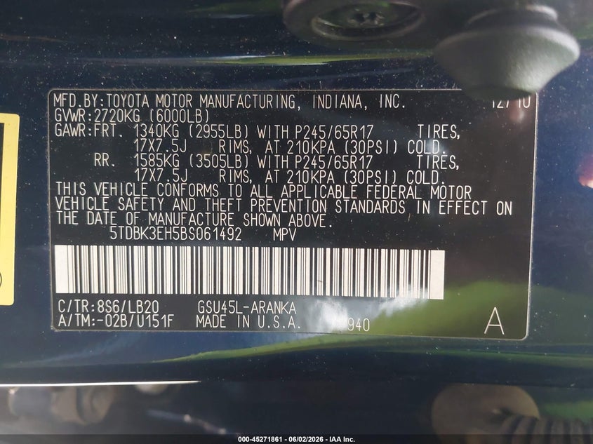 2011 Toyota Highlander Se V6 VIN: 5TDBK3EH5BS061492 Lot: 45271861