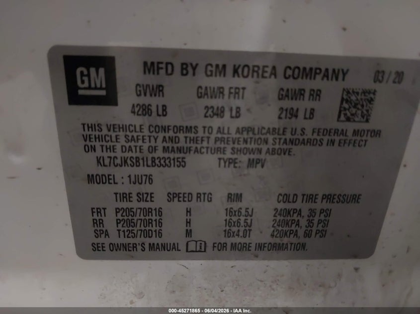 2020 Chevrolet Trax Fwd Ls VIN: KL7CJKSB1LB333155 Lot: 45271865