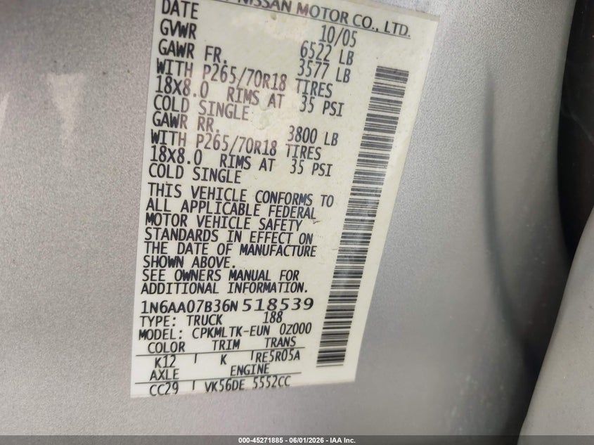2006 Nissan Titan Se VIN: 1N6AA07B36N518539 Lot: 45271885
