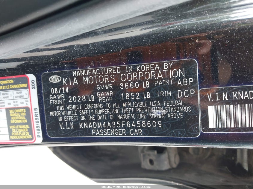2015 Kia Rio Lx VIN: KNADM4A35F6458609 Lot: 45271895