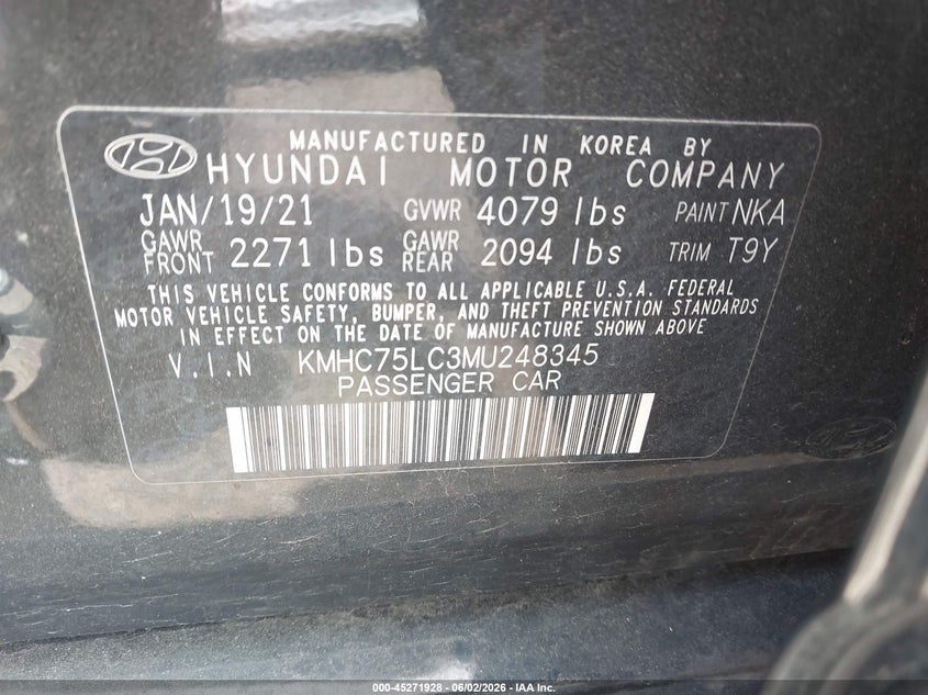 2021 Hyundai Ioniq Hybrid Se VIN: KMHC75LC3MU248345 Lot: 45271928
