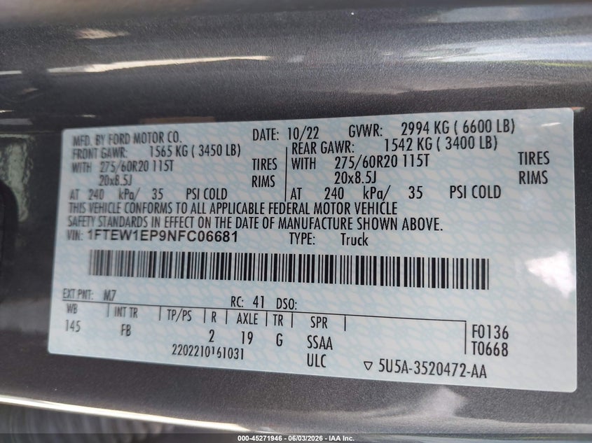 2022 Ford F-150 Xlt VIN: 1FTEW1EP9NFC06681 Lot: 45271946