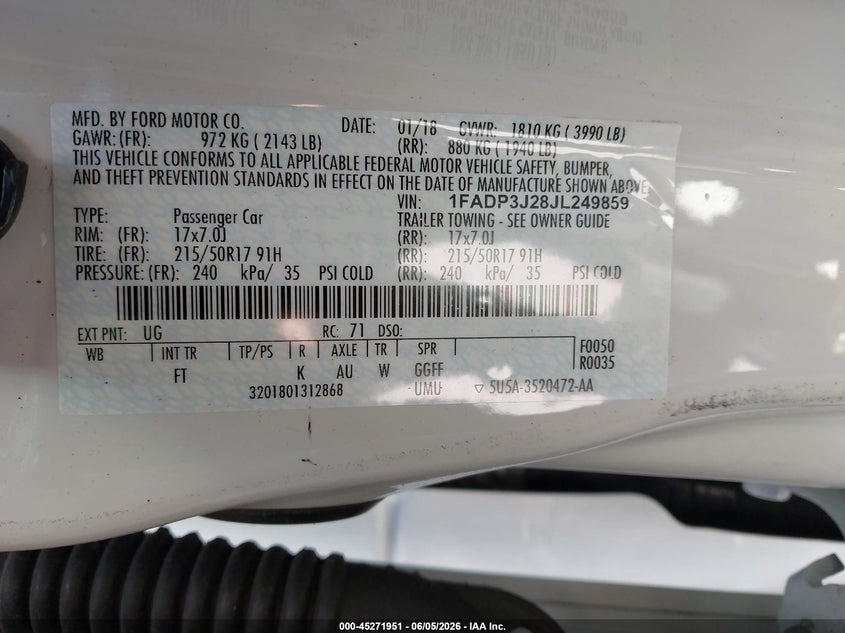 2018 Ford Focus Titanium VIN: 1FADP3J28JL249859 Lot: 45271951