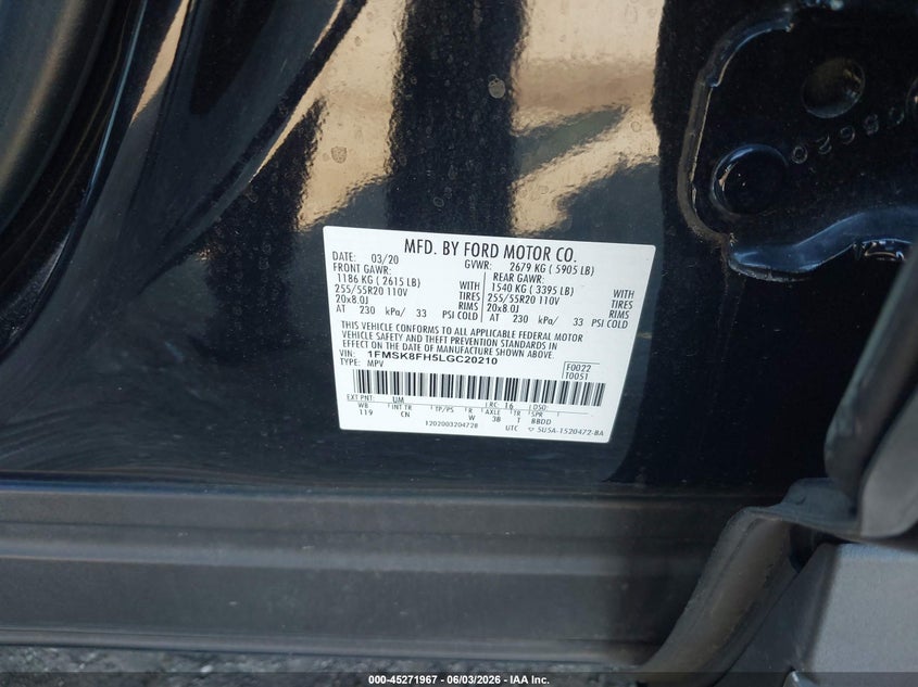 VIN: 1FMSK8FH5LGC20210 2020 FORD EXPLORER LIMITED